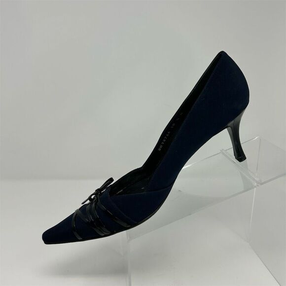 Stuart Weitzman Women's Navy Blue Pointed Toe Bow Swirled Heels Size 10.5 Narrow - Picture 3 of 14